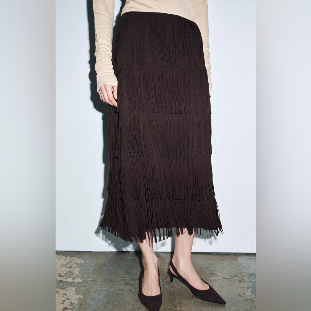NWT • Zara Brown Fringe Midi Skirt - Picture 6 of 8